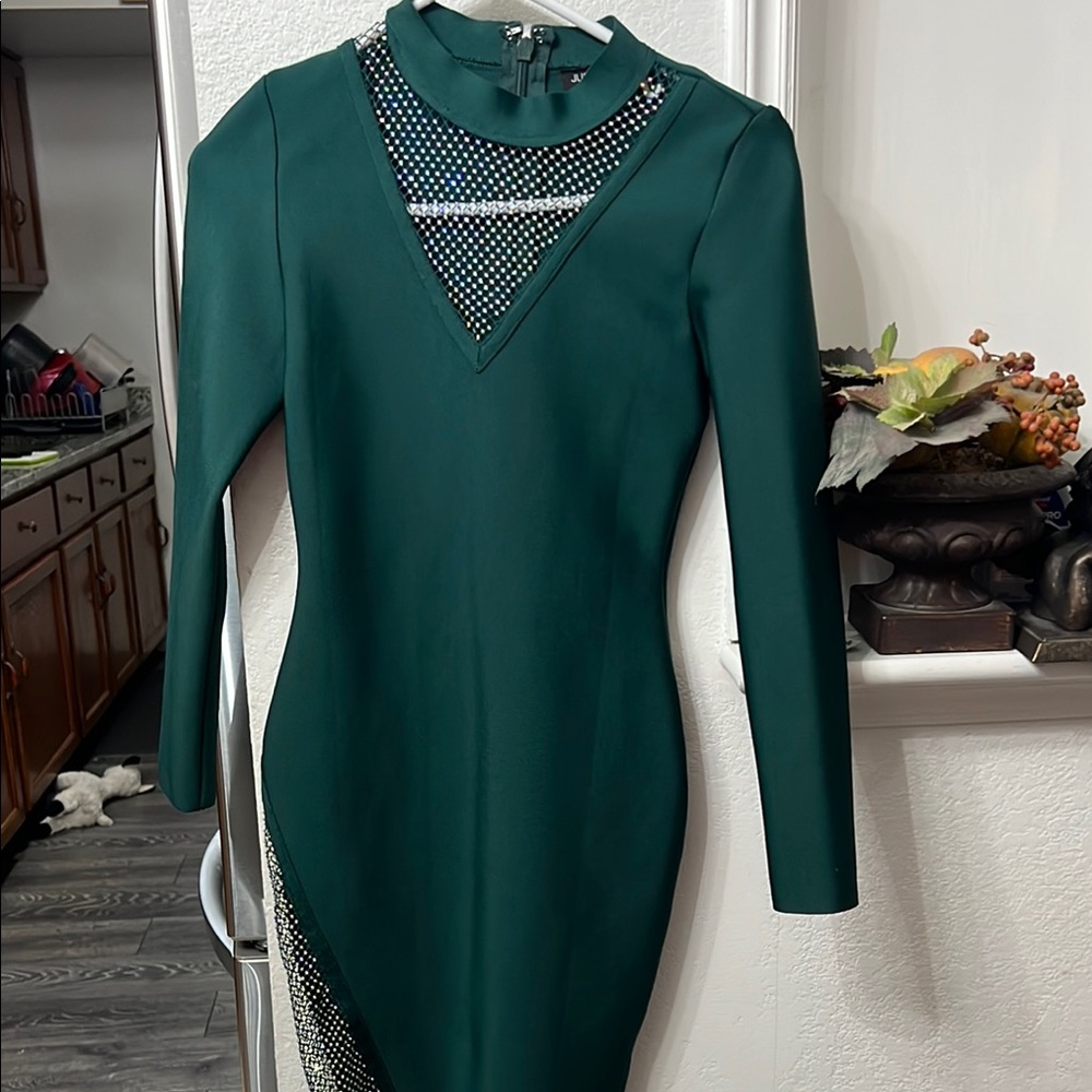Just Black Green Bodycon Dress Long Sleeve Mock Neck